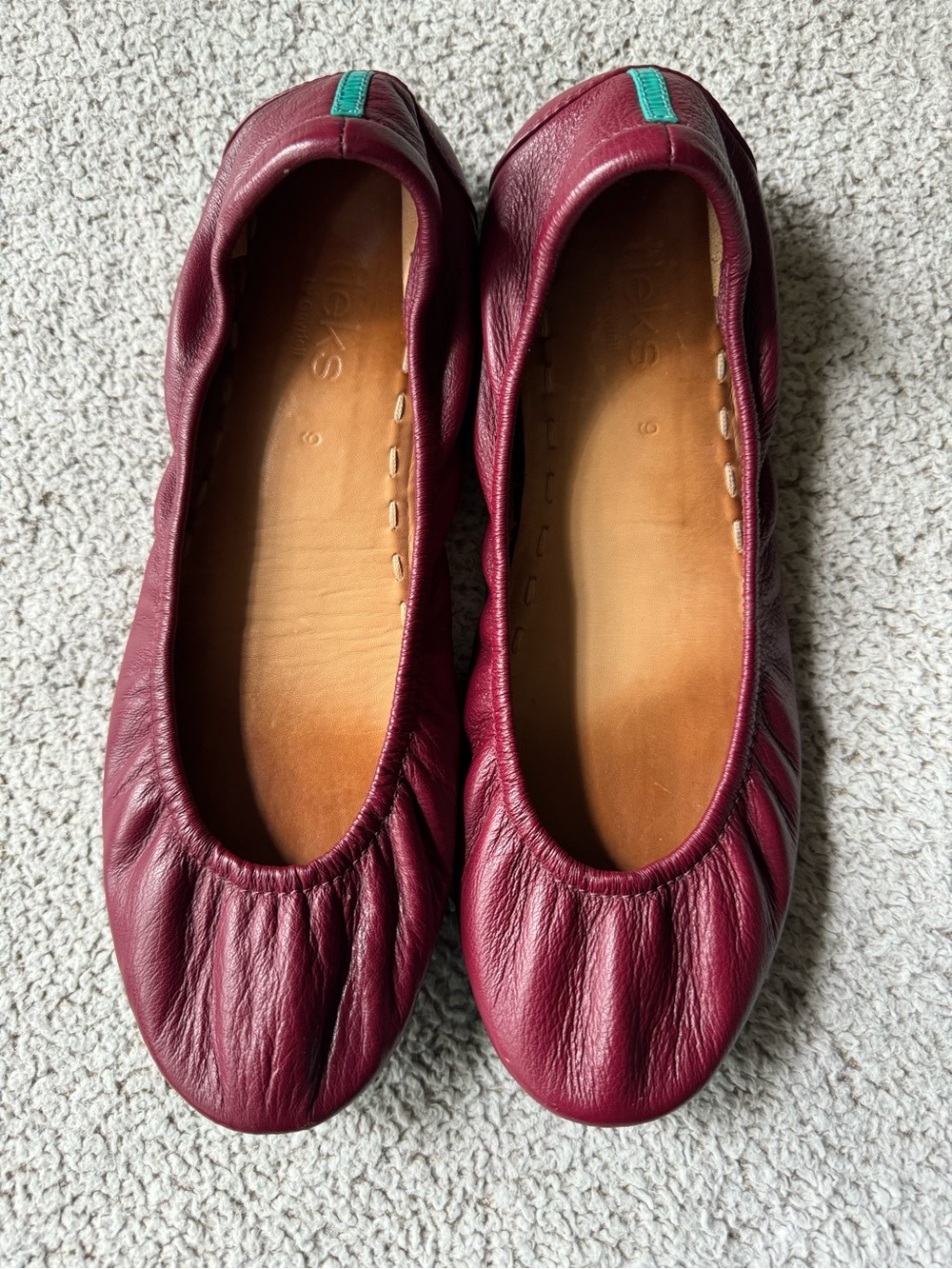 Tieks Burgundy Leather Ballet Flats with Teal Heel Tab